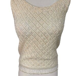 Vintage cream wool beaded tank with fringe hem Size Small